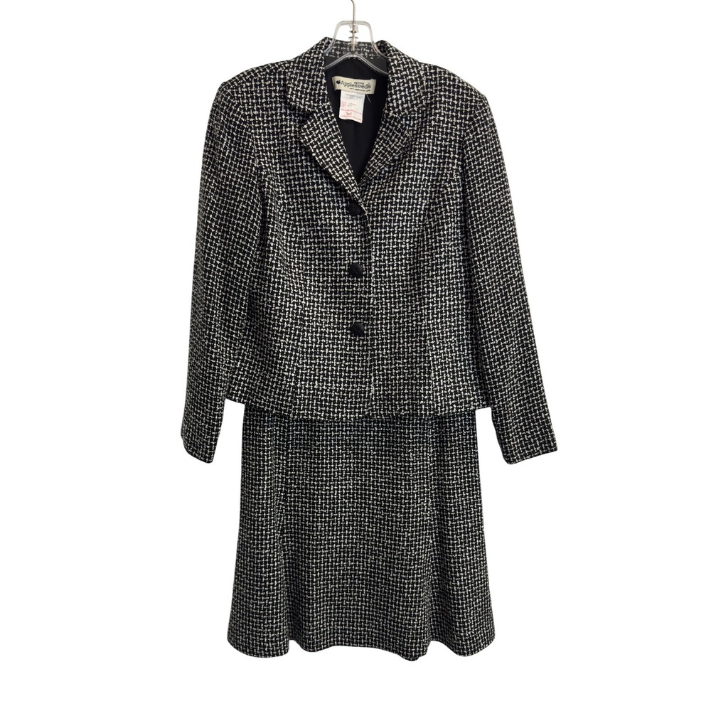 Appleseed's Petite Black White Tweed Skirt Suit Set Blazer A-Line Skirt 4P